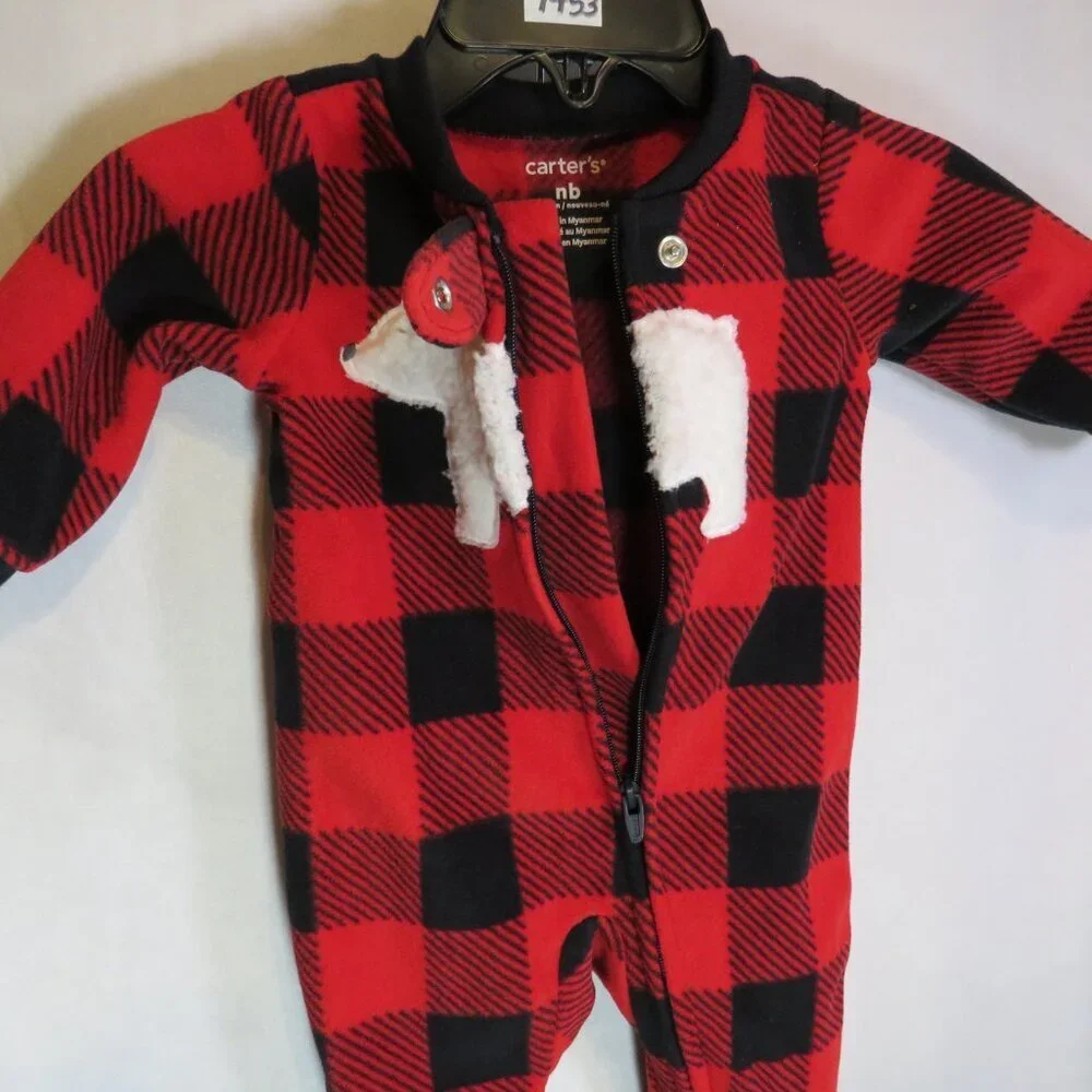 Baby Red & Black Buffalo Check zippered-footed bodysuit with fleece Polar Bear